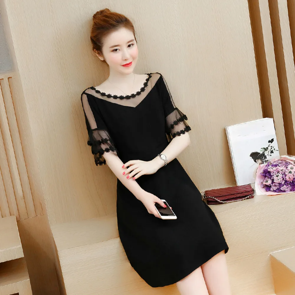 

New 2019 Fashion Spring Summer Dresses Women Sexy O-Neck Short Sleeve Office Dress Female Black Casual Party Dress Vestidos