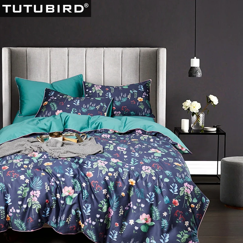 

Blue floral print bedding set European Satin 100% Egyptian cotton pastoral girls bed sheet linen duvet cover 4pcs