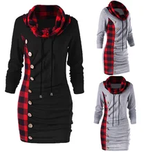 Рождественские женские свободные толстовки с длинным рукавом, толстовки в клетку, повседневные толстовки с капюшоном, Длинное Платье Макси