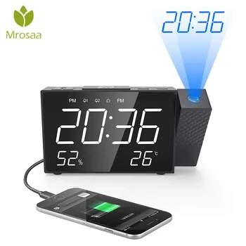 

Projection LED Alarm Clock Digital FM Radio Dual Alarm Volume Snooze Time Humidity Temperature DisPlay Desktop Table Clocks