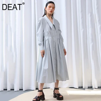 

DEAT 2020 New Spring Summer Lapel Long Sleeve Pleated Split Joint Loose Big Size Temperament Shirt Dress Women Fashion JU088