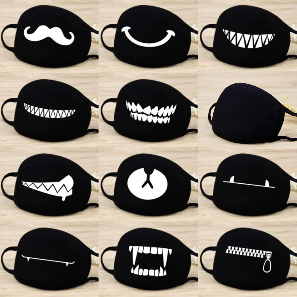 

Unisex Solid Black Cartoon Teeth Print Kawaii Face Half Mouth Mask Fashion Cute Breathable Warm Cotton Windproof Anti-Dust Masks