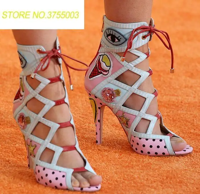 

2018 Newest Polka Dots Women Lace Up Ankle Boot Hot Club Shoes Stiletto Boots Mixed Colors Badge Ladies Peep Toe High Heel Boots