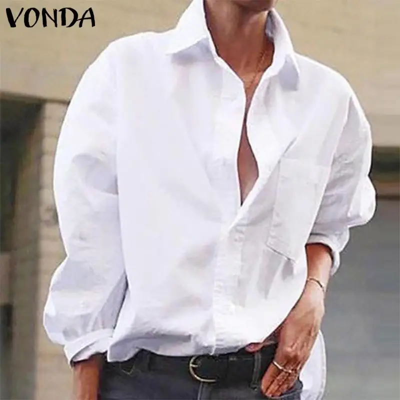 

VONDA Womens Blouses Shirts 2019 Autumn Sexy Lapel Neck Long Sleeve Cotton Tops Casual Loose Blusas Femininas Black White