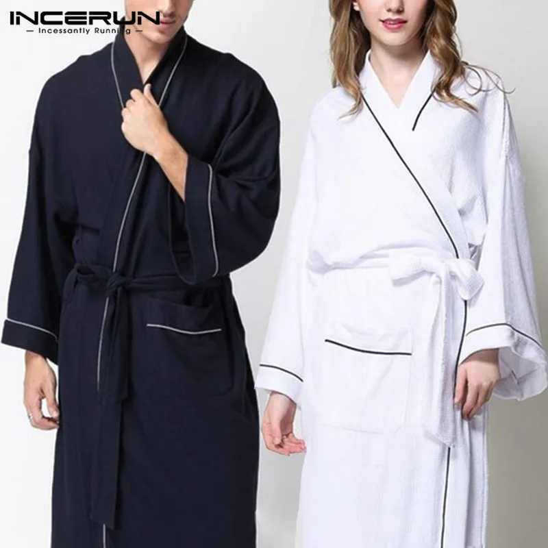 Для женщин мужчин халаты пижамы с длинным рукавом Твердые кимоно Пижамный Пояс Мода пара мужской дамы домашний халат удобные ночная