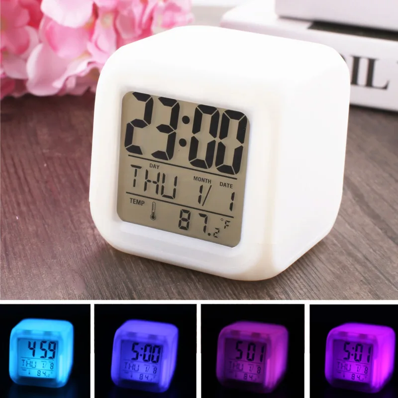 

Drop shipping 2019 New 7 Colors LED Changing Digital Alarm Clock Desk Thermometer Night Glowing Cube LCD Clock Home