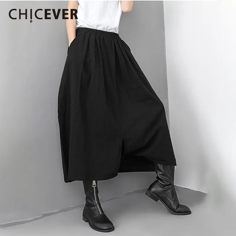 

CHICEVER Spring Women Pant Elastic Waist Pockets Mid Loose Oversize Female Pleated Ankle-length Wide Leg Pants 2019 Fashion New