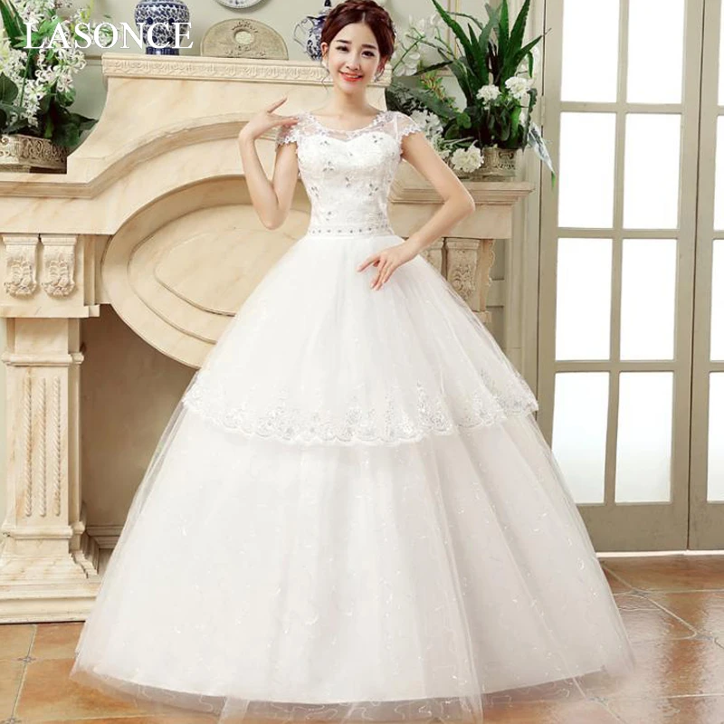 

LASONCE Illusion O Neck Lace Appliques Ball Gown Wedding Dresses Short Cap Sleeve Crystal Sash Backless Bridal Dress