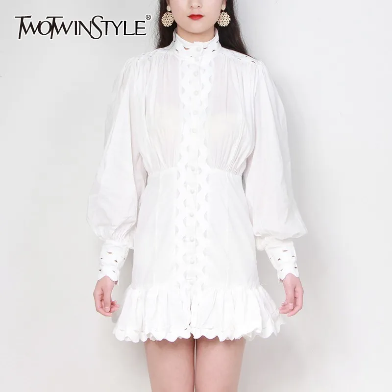 

TWOTWINSTYLE Spring Hollow Out Mini Dress Women Stand Collar Lantern Sleeve Slim High Waist Female Dresses 2019 Fashion New Tide