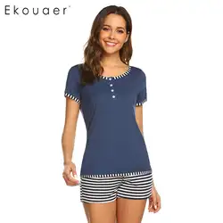 Ekouaer Для женщин Летние пижамы Короткие пижамы с круглым вырезом эластичный с коротким рукавом талии шорты в полоску пижамная Ночная