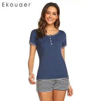 

Ekouaer Women Summer Pajamas Set Short Sleepwear Round Neck Short Sleeve Elastic Waist Striped Shorts Pajama Nightwear Set