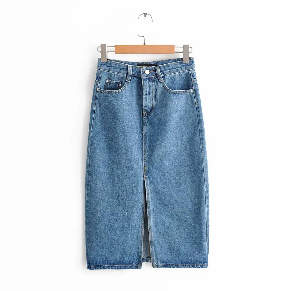 Летние винтажные синие джинсовые юбки для женщин с высокой талией, джинсовая прямая юбка с разрезом спереди, ковбойский стиль, модная уличная одежда