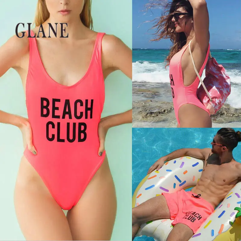 

Couples Swimwear One Pieces Bikini Sets with Covers Up Mans beach Club shorts Lover's Print Letter Swimsuit Sexy Bikini Set 2019