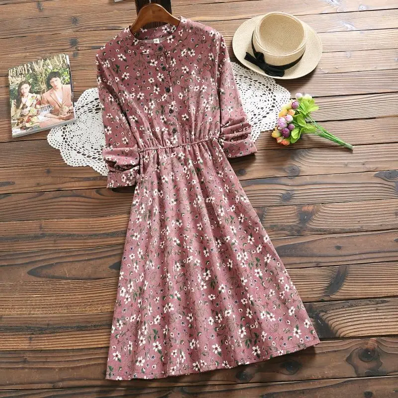 

Lady Autumn Winter Vintage Dress New Fashion Women Stand Collar Long Sleeve Floral Printed Corduroy Dresses Female Clothes