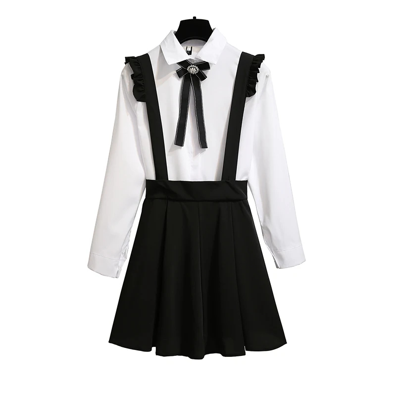 

2019 spring new institute wind bows shirt pleated shoulder-straps two-piece outfit women vestido Korean fashion