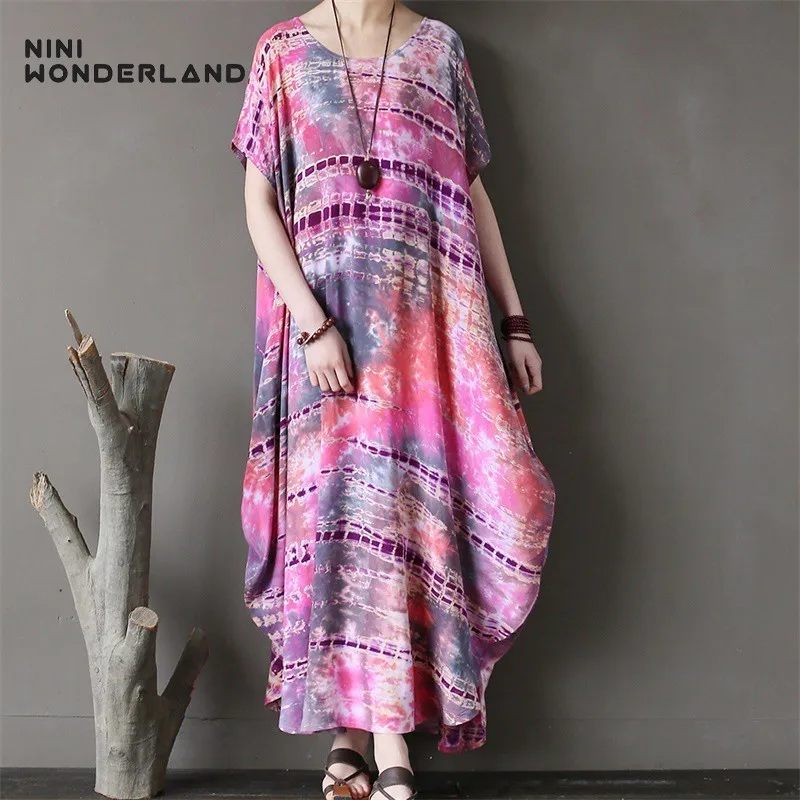 

NINI WONDERLAND 2019 Summer Printed Dress Women Print Large Size Irregular Travel Robes Dyeing Cotton Vintage Dress Long Clothes