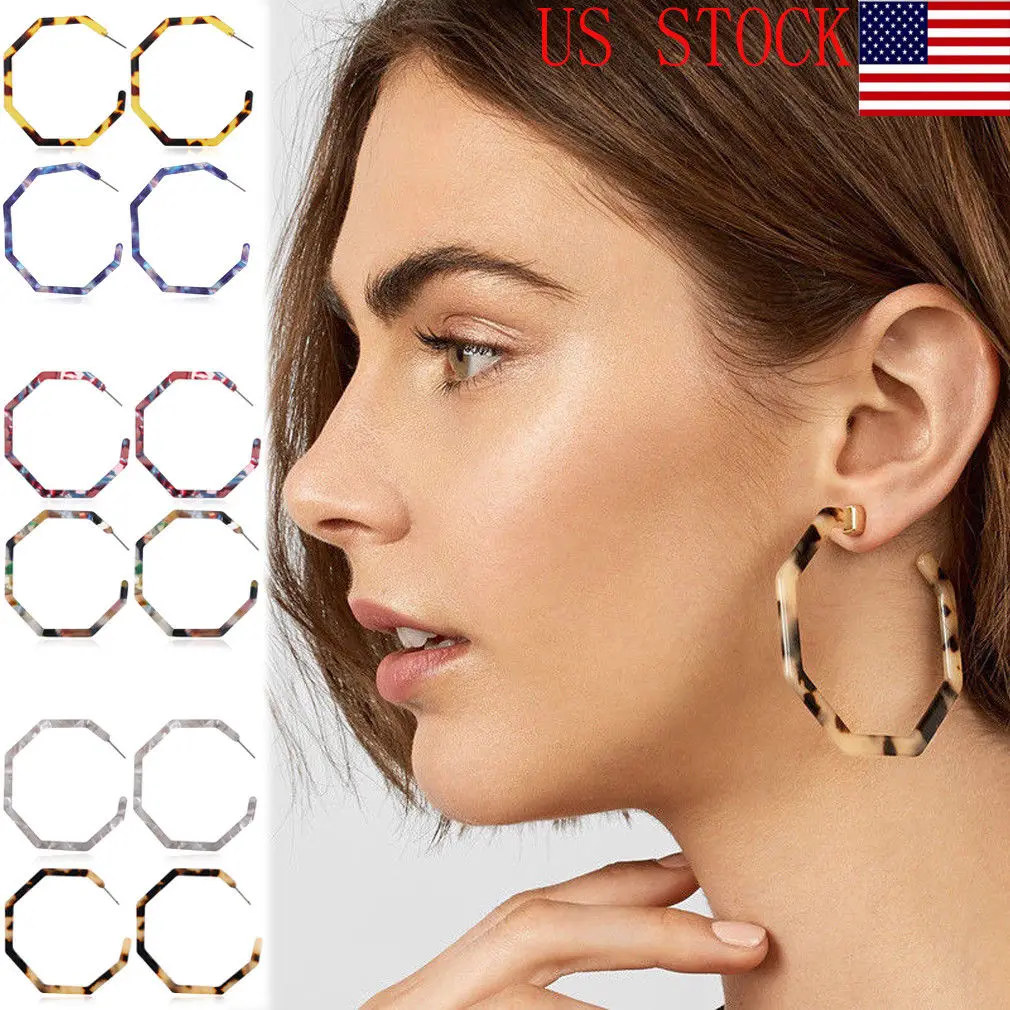 

2019 New Arrival Leopard Floral Printed Resin Vintage Dangle Big Circle Hoop Earrings Women Steampunk Ear Clip 5.5cm