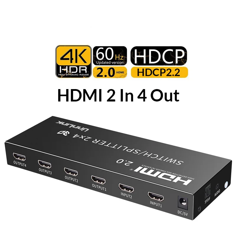 

2019 HDMI 2.0 2 In 4 Out HDMI Switch Splitter 2x4 Optical 3.5mm Audio Extractor HDCP2.2 4K@60Hz HDR for TV projector ps4 xbox
