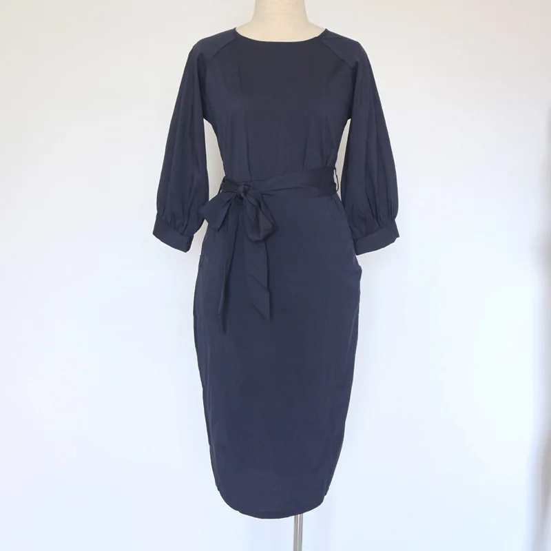 

2019 Women Dress Vestidos Solid Color Round Neck Three Quarter Puff Sleeve Chiffon Dresses Elegant Medium Length Dress Female
