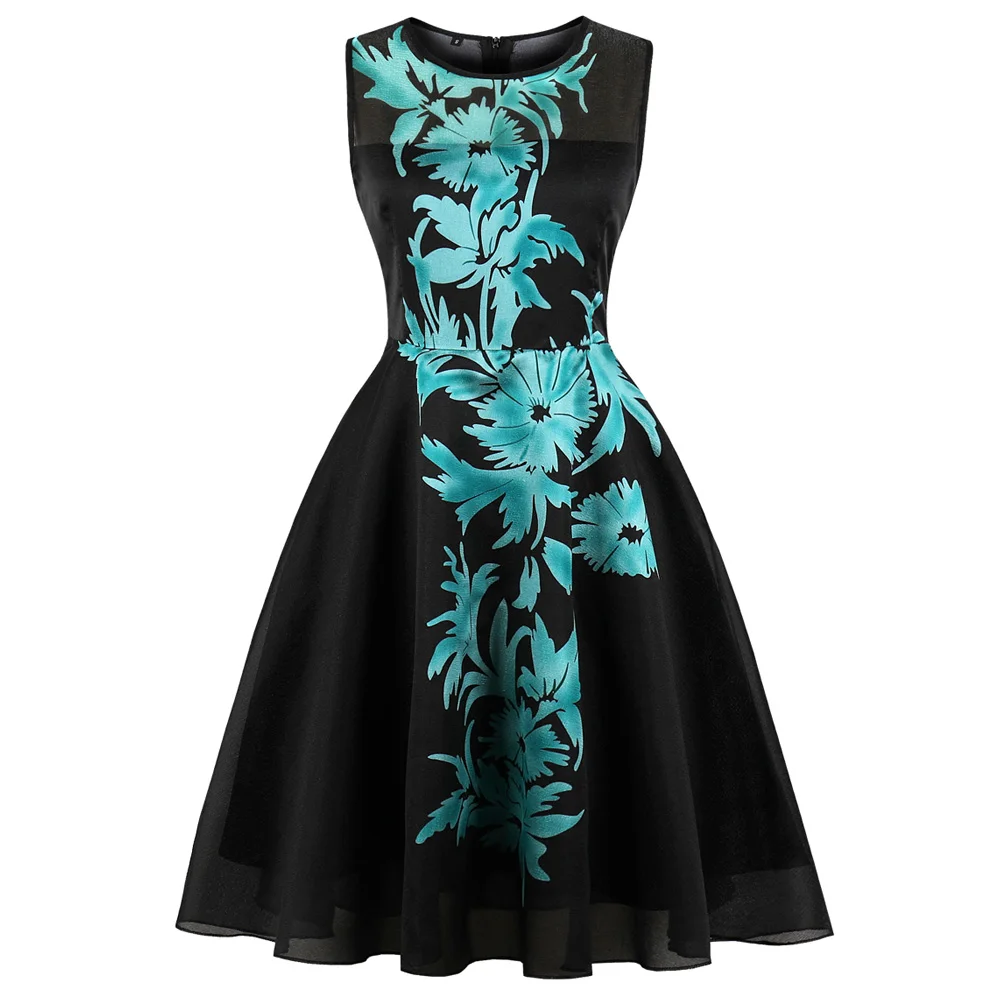 

Joineles Spring Summer Vintage Dress Women Plus Size Rockabilly Leaf Print Retro Dress Zipper Swing Party Dresses Tunic Vestidos