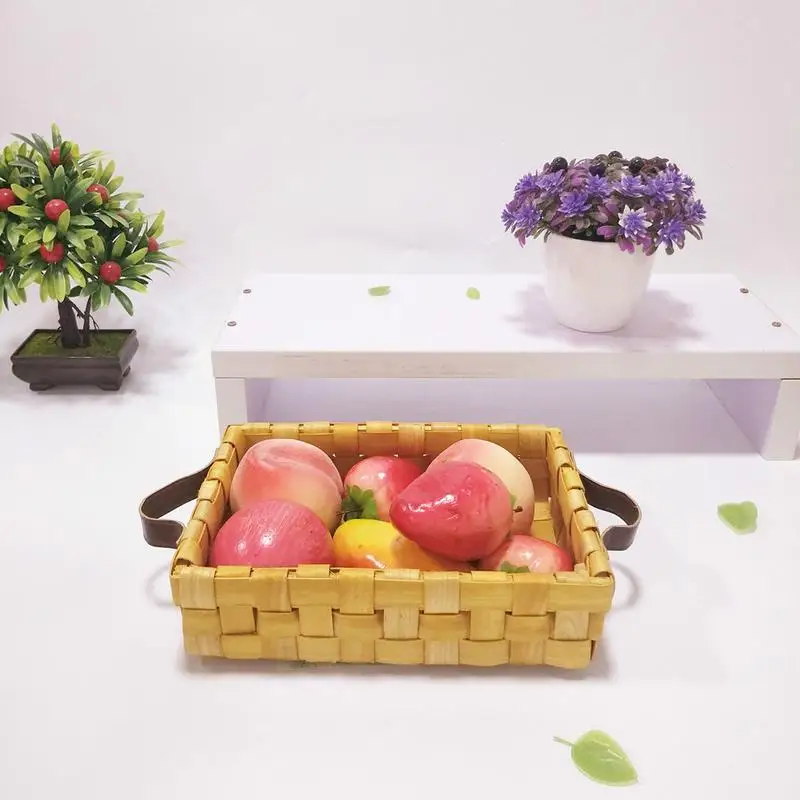 

1 PC Handmade Woven Rectangular Basket PU Handle Wooden Primary Color Large Capacity Storage Basket Decoration For Home Products