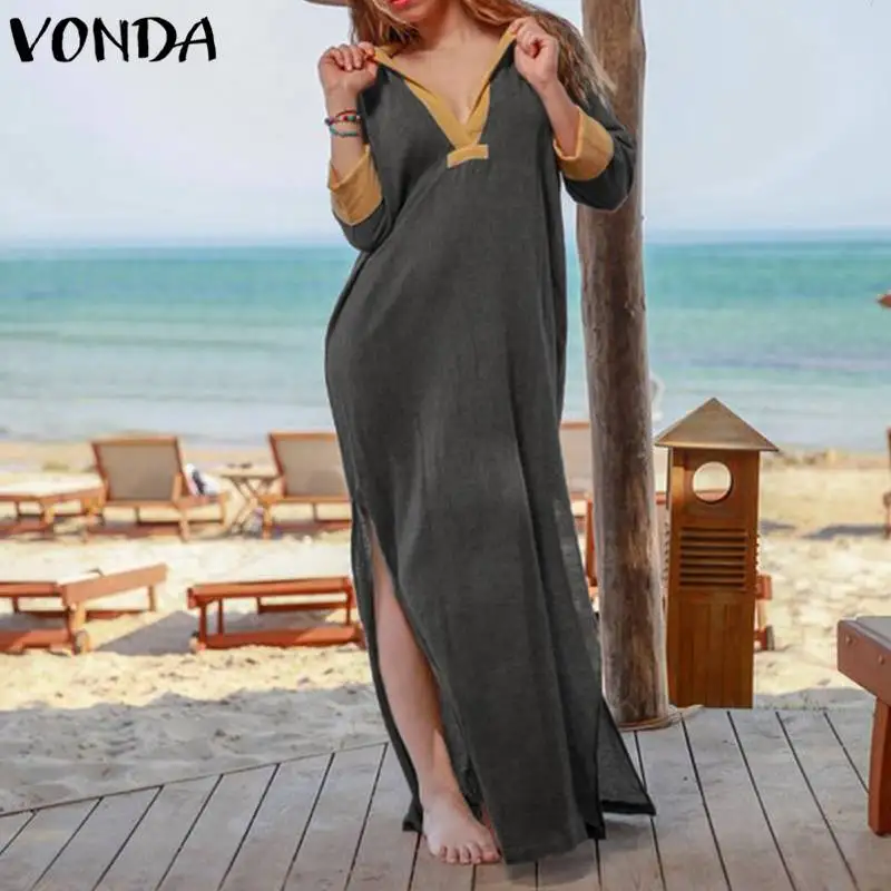 

Maxi Dress Women Summer Dresses V Neck Patchwork Long Sleeve Side Split Long Party Dresses Plus Size Casual Loose Vestidos Robe