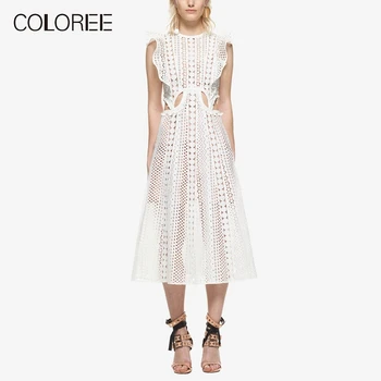 

Self Portrait Dress Womens 2018 Summer A-line Hollow Out Maxi White Lace Dress High Quality Vintage Boho Beach Dress