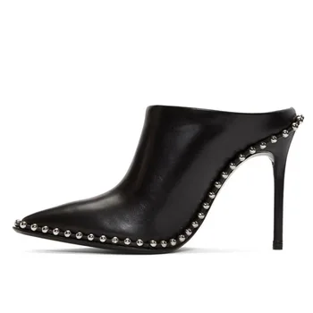 

Black Pointed Toe Leather Dress Mules Studed Bordered High Heel Slides Summer Shoes Women