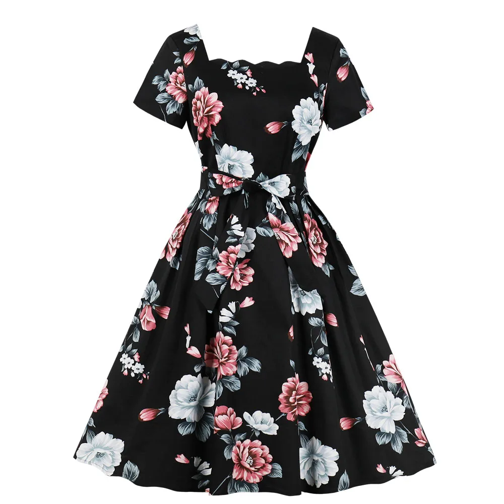 

Joineles Floral Print Short Sleeves Summer Retro Dress 60s Rockabilly Swing Vintage Dress Square Collar Belts Party Vestidos New