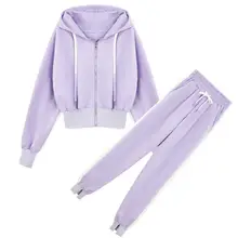 Korean Version Fashion Two-piece Set Sportswear Casual Loose Solid Color Hooded Sweater Zippered Jacket Sports Trousers Student