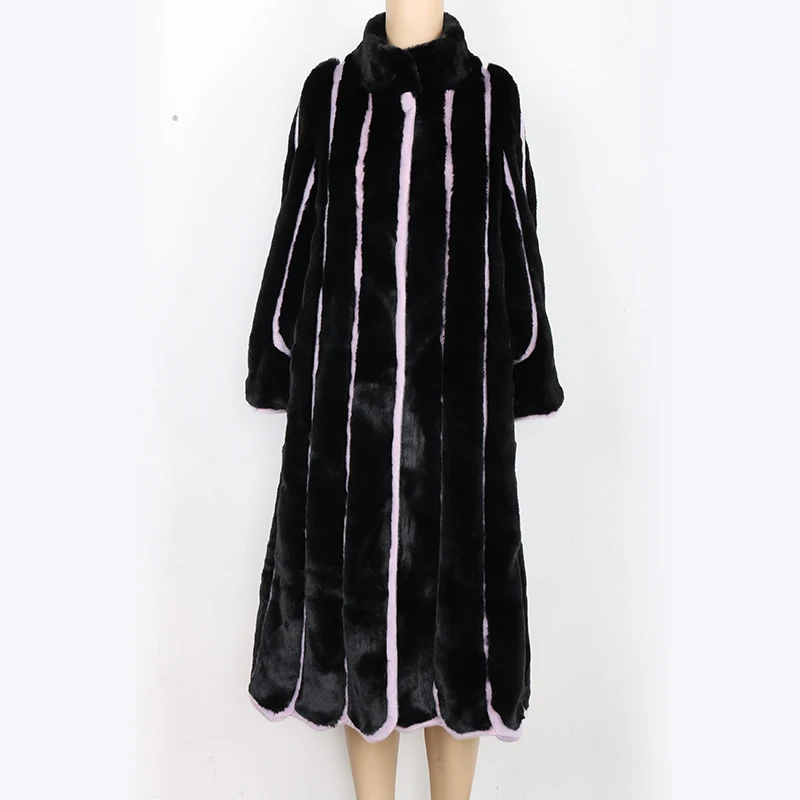 Goede Nieuwe Vrouwen Faux Fur Jas Lange Zwart en Paars Contrast Kleur Gestreepte Patchwork Losse Overjas Plus Size 5XL 6XL
