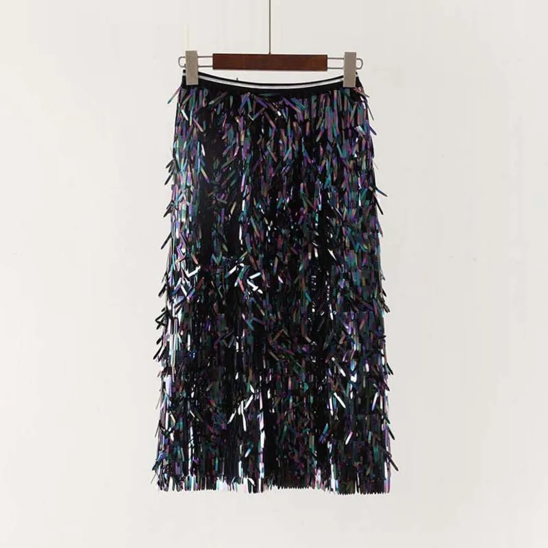 

DEAT 2019 New Spring Fashion Women High Waist A-line Pleated Tassel Sequins Skirt Half Body Sexy OL All Match WD51417
