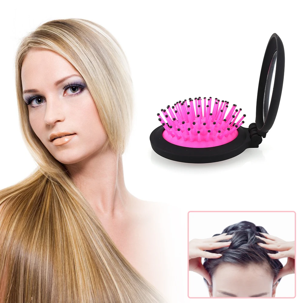 

1 Pcs Portable Mini Folding Comb Airbag Massage Round Blue Girls Travel Hair Brush with Mirror High Quality for Travel Daily