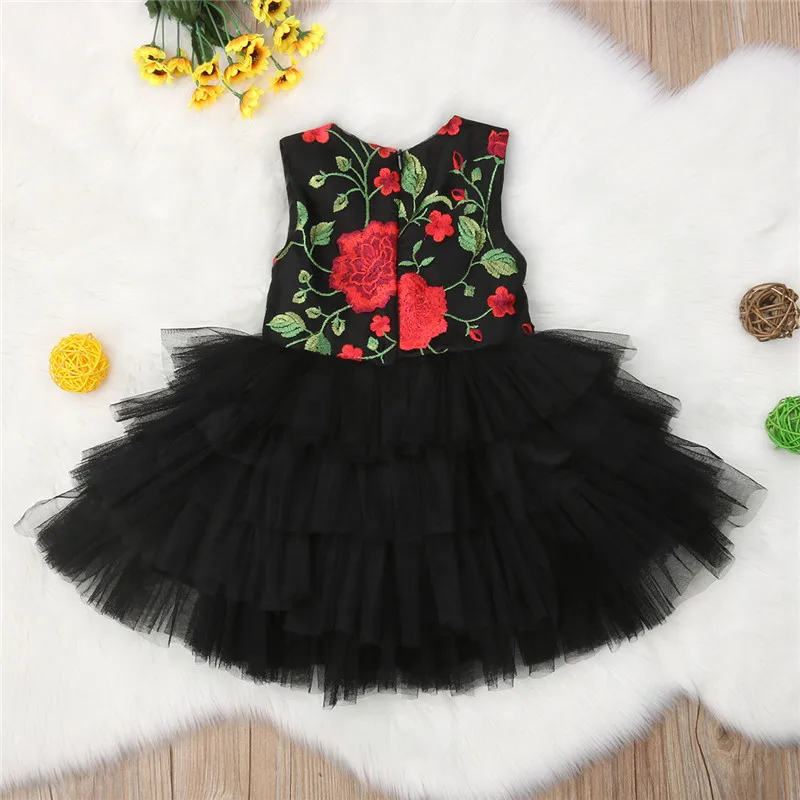 

Summer Sleeveless Black Lace Floral Party Embroidery Round Neck Dresses Girl Clothing Princess Toddler Kids Baby Girls Dress