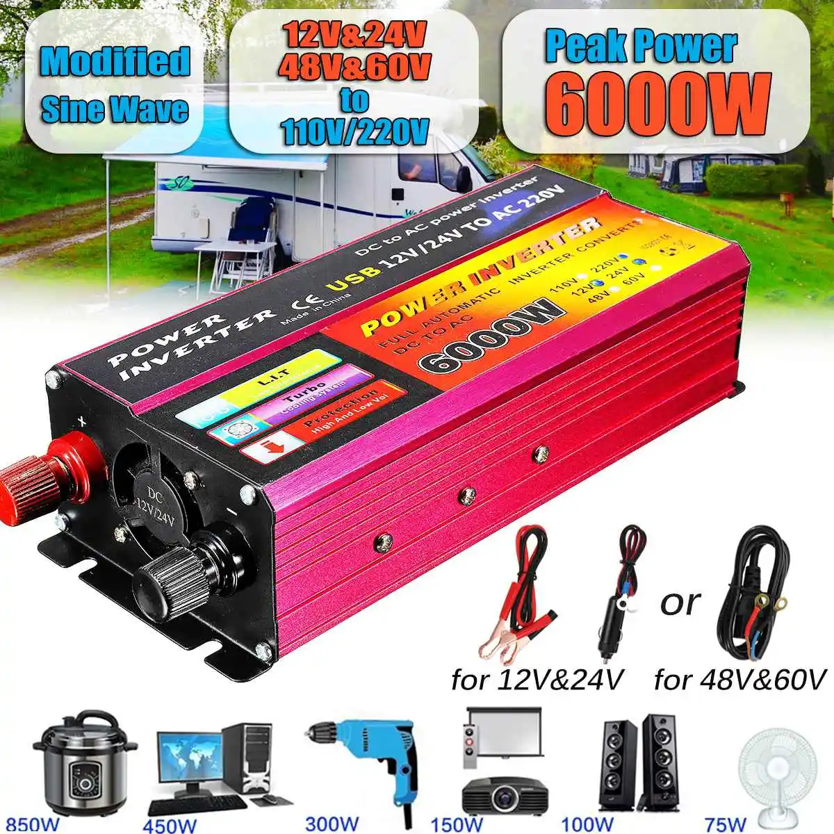 

Sine Wave Convert Aluminum Alloy Kroak DC 12V/24V/48V/60V to AC 110V/220V 6000W Power Inverter Modified
