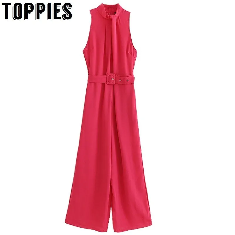 

2019 Elegant Rose Pink Jumpsuits Office Lady Belt Waist Long Trousers Summer Sleeveless Jumpsuits Rompers Women