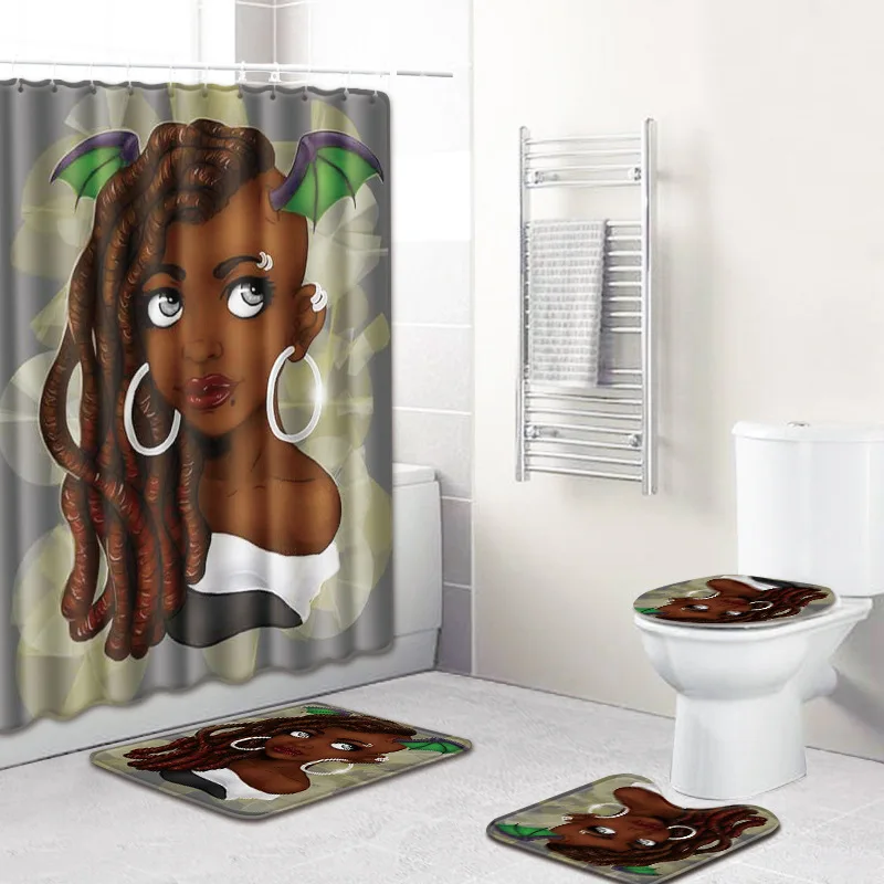 

The Woman Head 4pcs African Shower Curtain Set 3D Bath Mats Bathroom Carpet for Indian Home Decor Toilet Mat Set + 12pcs Hooks