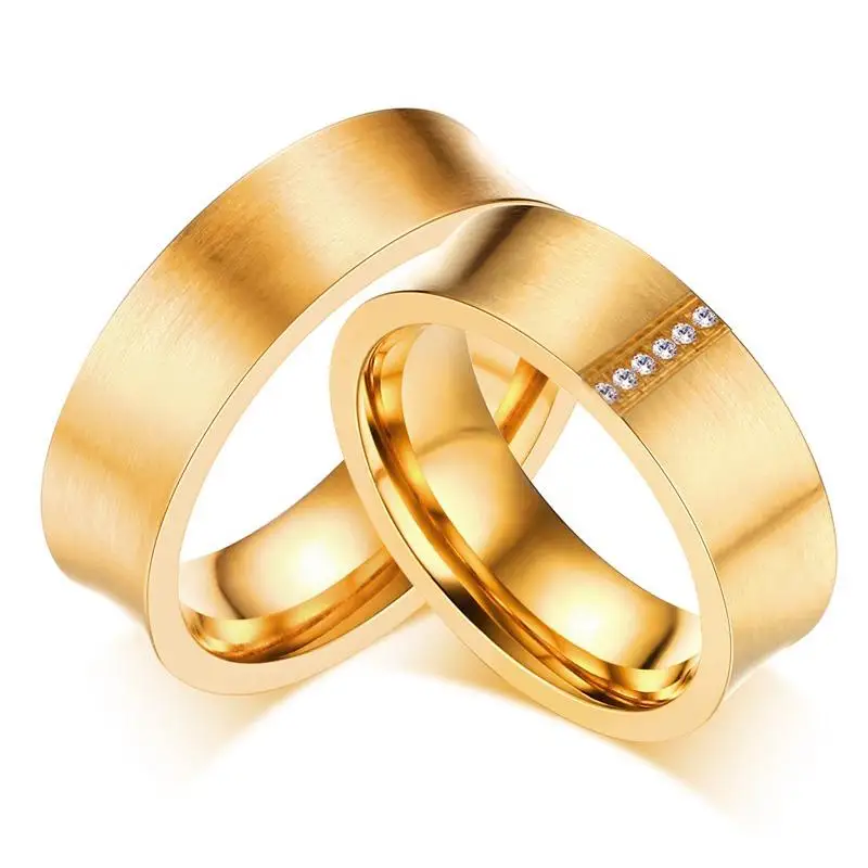 Золотистое кольцо с фианитом Anel De Casamento матовое обручальное из нержавеющей стали