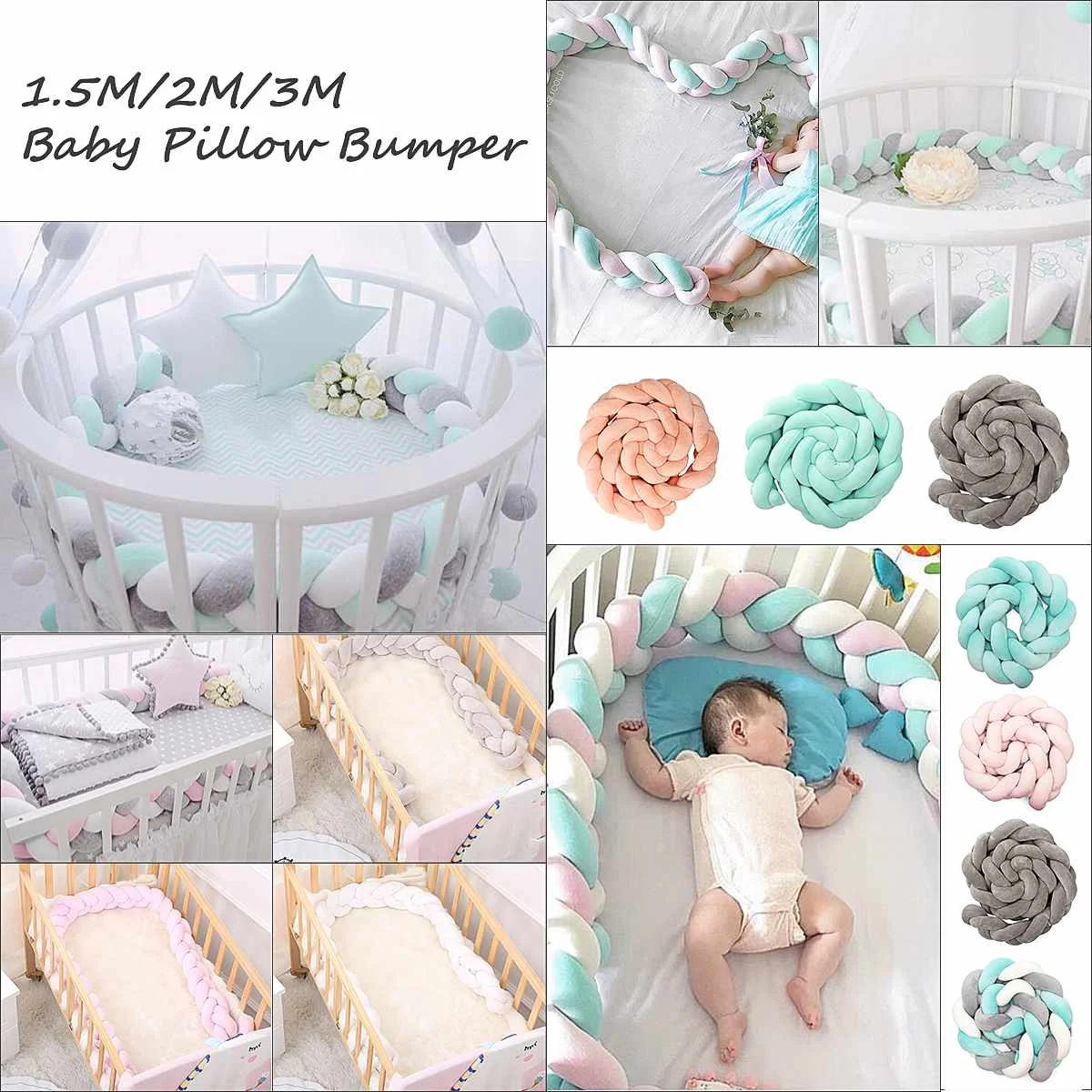 3Meter Newborn Infant Baby Bumper Bed Cushion Soft Braided Long Knot Ball Pillow Crib Protector Baby Room Cot Safety Bumpers