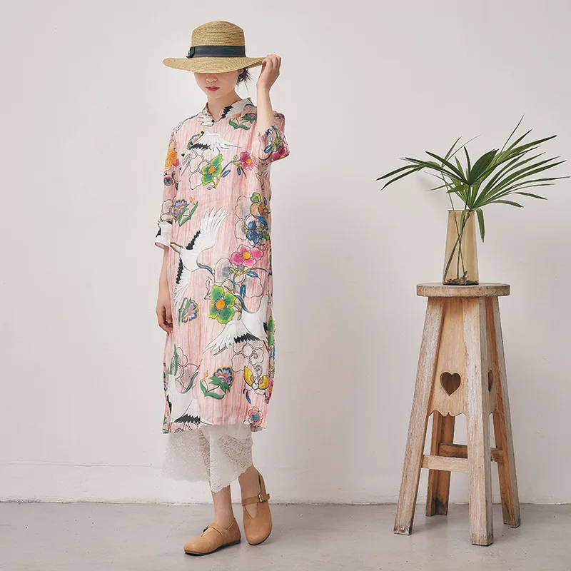 

Mountain Restore Ancient Ways Improvement Hanfu Longuette Red-crowned Crane Ramie Printing dress Cheongsam Dress Woman 90306-3