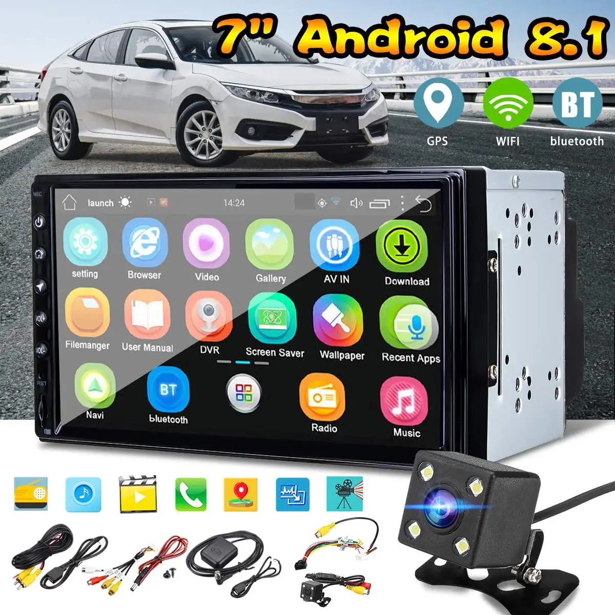 

7 Inch 1024x600 Android 8.1 Double Din Car Stereo Radio Car GPS Navigation bluetooth MP5 FM USB WIFI + Camera Kit
