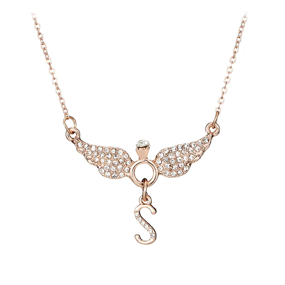 PIXNOR Fashion Angel Wings Pendant Necklace Sparkling Letter Crystal