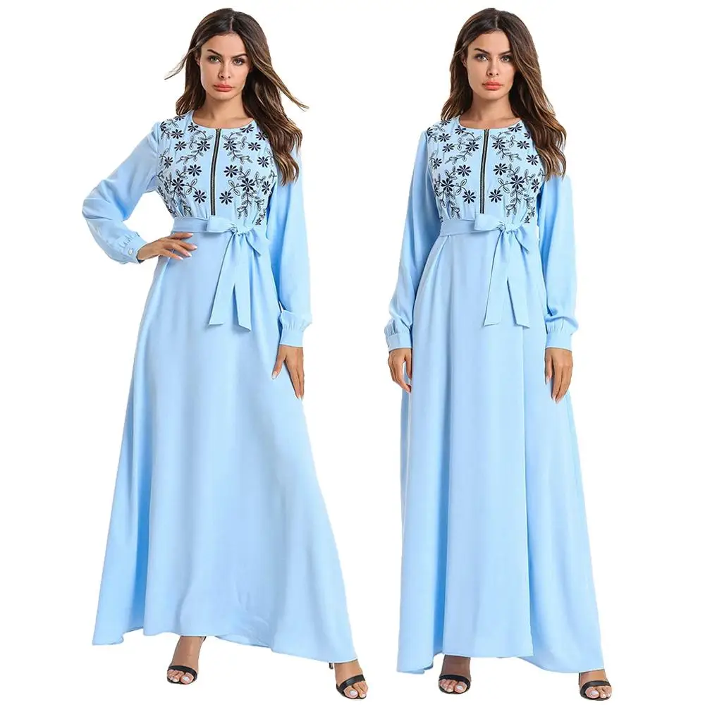 Мусульманское женское длинное Макси платье с вышивкой, халат абайя, на молнии, для кормления грудью, Исламская одежда Рамадан, Дубай, кафтан с поясом, мода