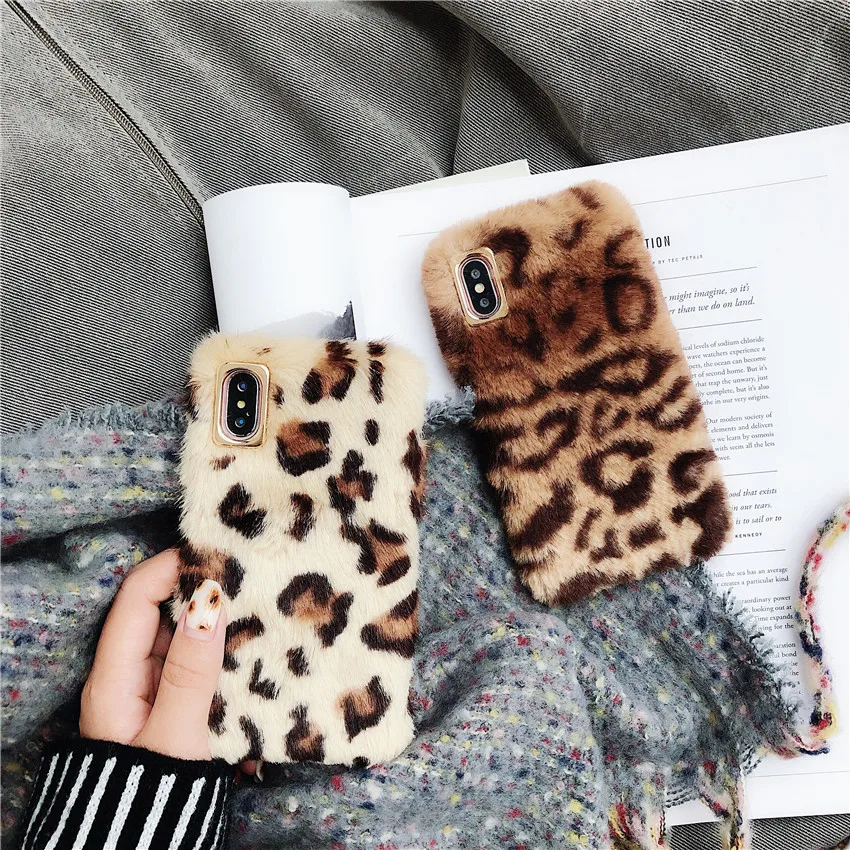

Hot Ins Gold Border Plush Leopard Grain Pattern for iphone XS Max Warm Hand Fluffy Hair Mobile Phone Cases TPU Case