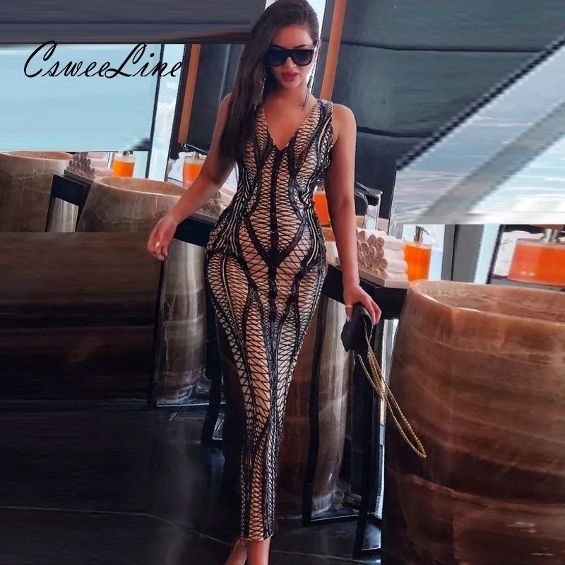 

V Neck Sleeveless New Sequin Dress Patterns Lace Up Sequins Bodycon Midi Dresses Luxury Women Elegant Sexy Night Out Club Dress