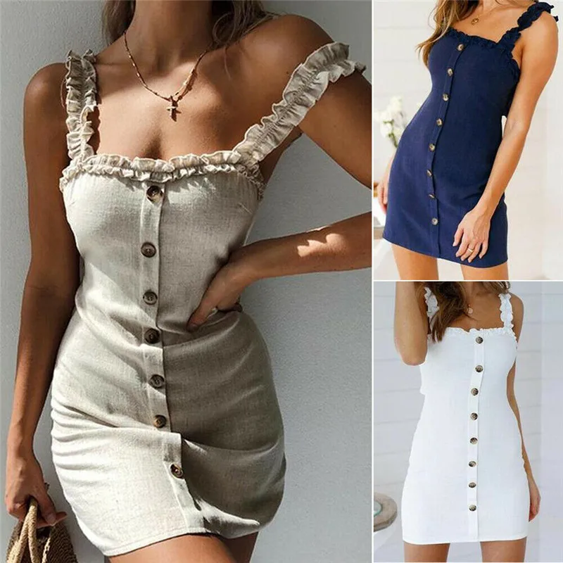 

Fashion Casual Slim Solid Button Backless Women Summer Boho Mini Dress Cocktail Party Beach Sundress Pullover Clothes