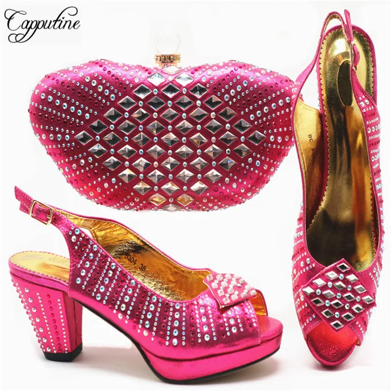 

Capputine Nigerian Elegant PU With Stone Shoes And Bag Set Newest Italian High Heels Shoes And Bag Sets For Wedding Size 38-42