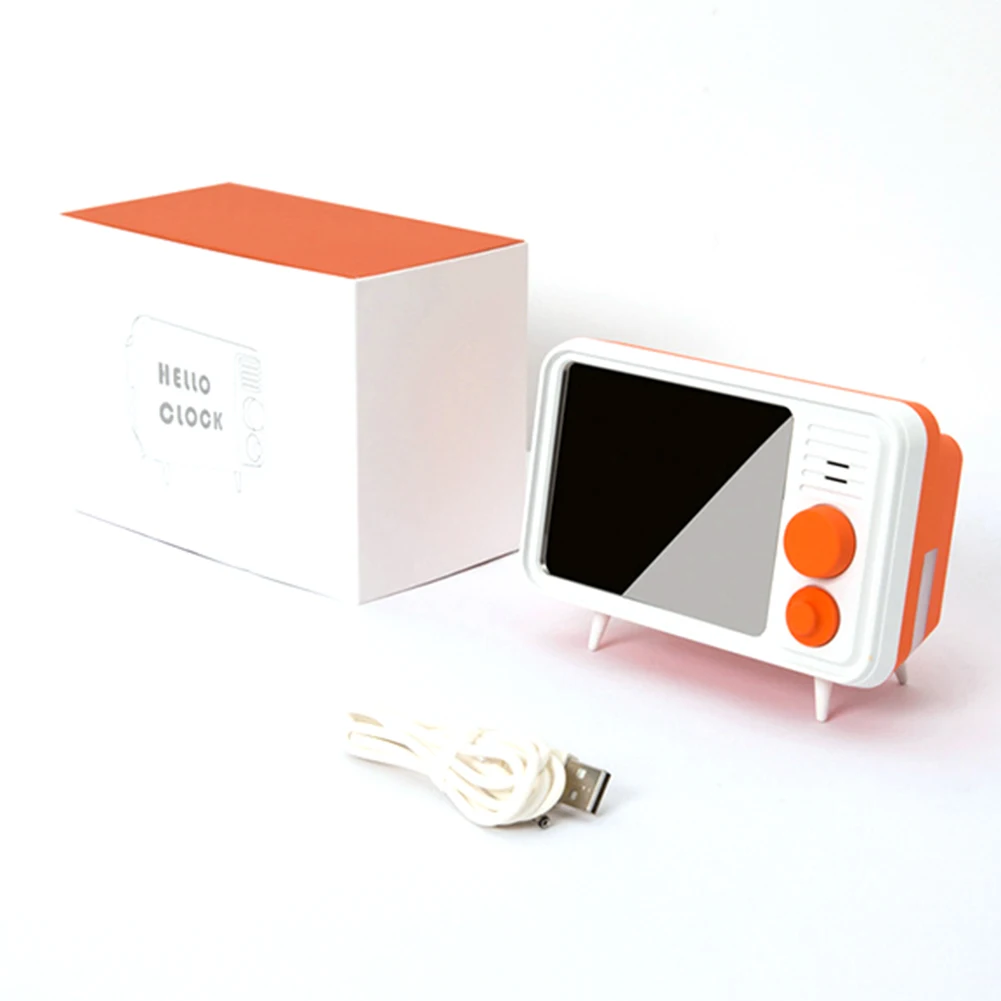 Retro Tv Shape Alarm Clock Lamp Mirror Multi-Function Mirror Clock Thermometer Bed Multi-Function Clock-Orange