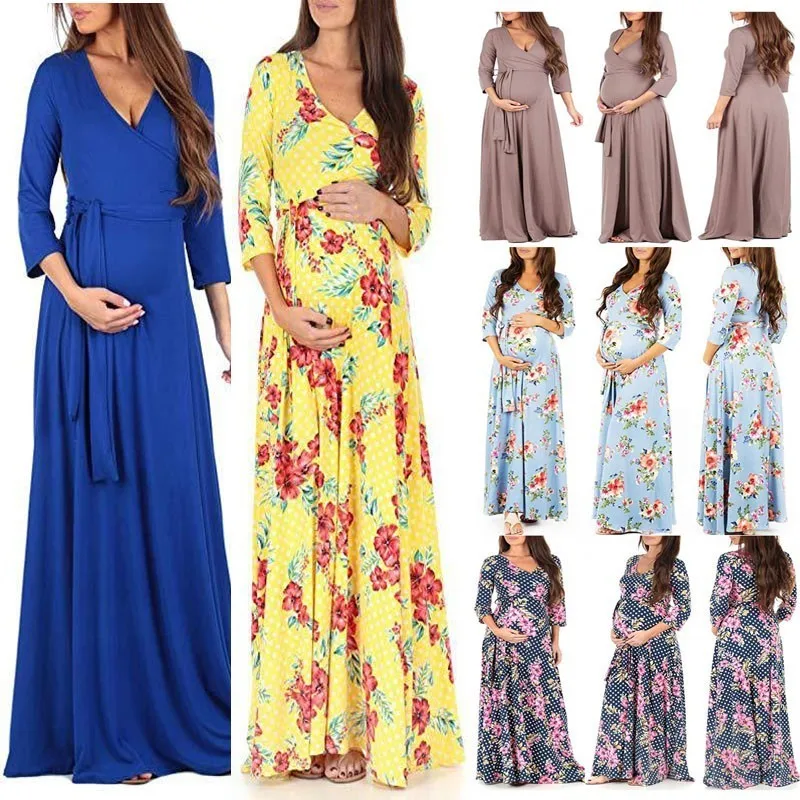 

2019 New Fahion Pregnancy Dress Floral Solid Pregnant Women Maternity Dresses For Photo Shoot Elegant Vestidos Party Clothes