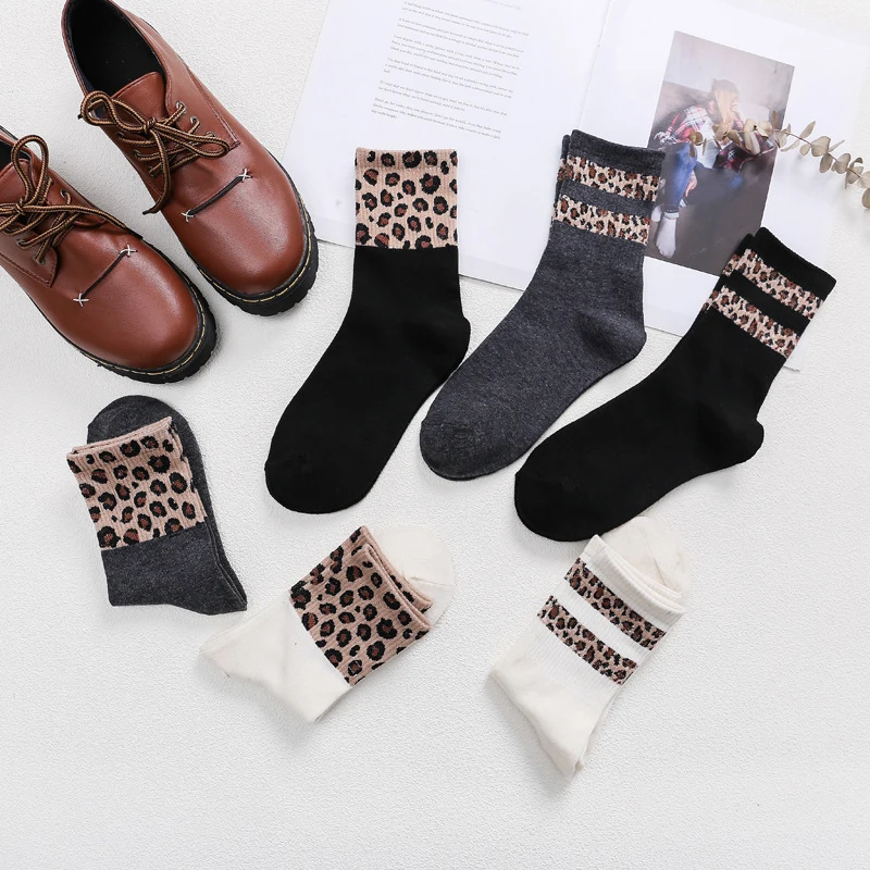 

Sale Two Article Leopard Women Socks Splicing Funny Socks Harajuku Fashion Warm Cotton Casual Soft Speckle Leopard Socks